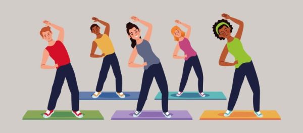 Participants performing stretching and fitness exercises during Fitness Class with Rubi at Worth Township.