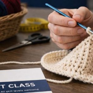 Participants working on crochet and needlework projects during Crochet Time at Worth Township.