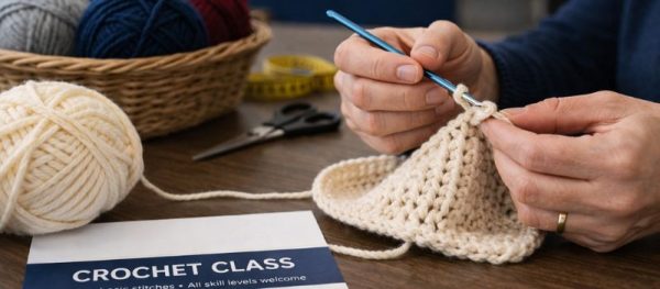 Participants working on crochet and needlework projects during Crochet Time at Worth Township.