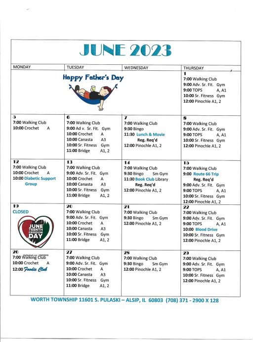 June 2023 Calendar of Events Worth Township