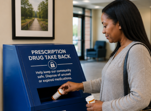 Resident placing unused prescription medication into a secure prescription drug take-back box at Worth Township.