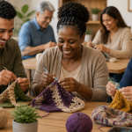 Diverse group of adults crocheting together during a weekly crochet class at Worth Township.