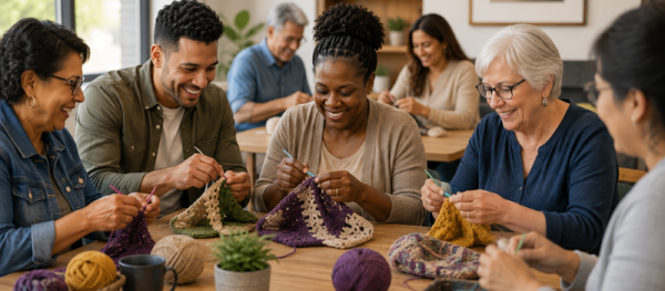 Diverse group of adults crocheting together during a weekly crochet class at Worth Township.