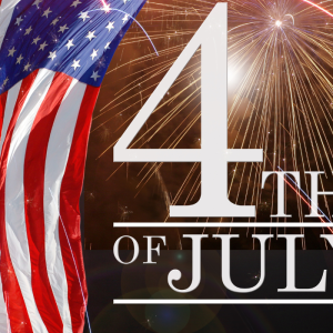Patriotic Independence Day graphic featuring American flag colors, fireworks, or Fourth of July imagery.