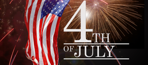 Patriotic Independence Day graphic featuring American flag colors, fireworks, or Fourth of July imagery.