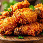 Plate of crispy fried chicken wings garnished with parsley and served with dipping sauce on a wooden platter.
