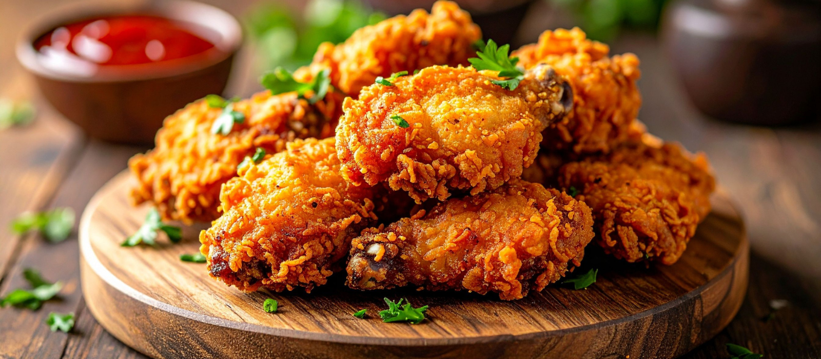 Plate of crispy fried chicken wings garnished with parsley and served with dipping sauce on a wooden platter.