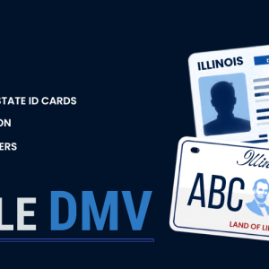 Vector illustration representing Illinois Secretary of State Mobile DMV services, featuring a driver's license, license plate, and vehicle registration for the Worth Township Mobile DMV event.