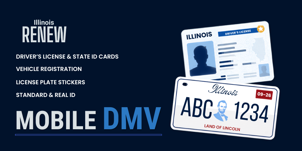 Vector illustration representing Illinois Secretary of State Mobile DMV services, featuring a driver's license, license plate, and vehicle registration for the Worth Township Mobile DMV event.