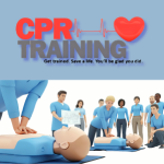 CPR Training promotional graphic featuring hands-on CPR instruction with students practicing chest compressions on training manikins.