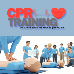 CPR Training promotional graphic featuring hands-on CPR instruction with students practicing chest compressions on training manikins.