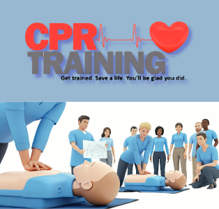 CPR Training promotional graphic featuring hands-on CPR instruction with students practicing chest compressions on training manikins.