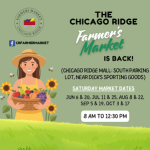 Flyer promoting the Chicago Ridge Farmers Market at the Chicago Ridge Mall parking lot on select Saturdays from June through September, open from 8:00 a.m. to 12:30 p.m.