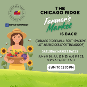 Flyer promoting the Chicago Ridge Farmers Market at the Chicago Ridge Mall parking lot on select Saturdays from June through September, open from 8:00 a.m. to 12:30 p.m.