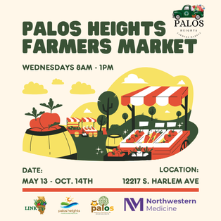 Illustration promoting the Palos Heights Farmers Market with fresh produce, local vendors, and event details held every Wednesday from 8:00 a.m. to 1:00 p.m.