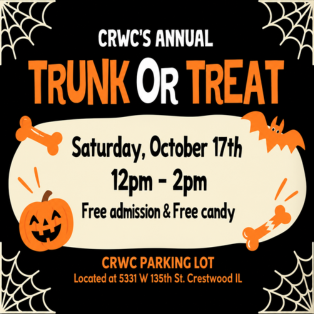 CRWC Annual Trunk or Treat on Saturday, October 17, 2026, from 12 to 2 PM at the CRWC parking lot, 5331 W. 135th St. in Crestwood.