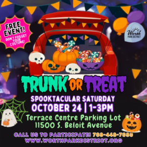 Children enjoying a Halloween Trunk or Treat event featuring decorated vehicles, pumpkins, candy, ghosts, and festive Halloween decorations.