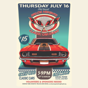 Flyer promoting the 23rd Annual Palos Heights Classic Car Event on Thursday, July 16, from 5:00 p.m. to 9:00 p.m. at 123rd Street and Harlem Avenue. The event features over 600 classic cars, live music, local food vendors, and volunteer opportunities.