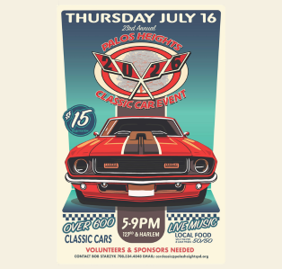 Flyer promoting the 23rd Annual Palos Heights Classic Car Event on Thursday, July 16, from 5:00 p.m. to 9:00 p.m. at 123rd Street and Harlem Avenue. The event features over 600 classic cars, live music, local food vendors, and volunteer opportunities.