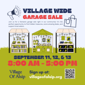 Flyer promoting the Village-Wide Garage Sale in Alsip, September 11–13, 2026, from 8:00 AM to 5:00 PM, with information about registering through the Village of Alsip website.