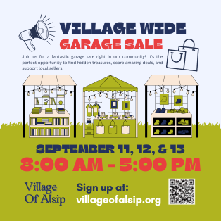 Flyer promoting the Village-Wide Garage Sale in Alsip, September 11–13, 2026, from 8:00 AM to 5:00 PM, with information about registering through the Village of Alsip website.