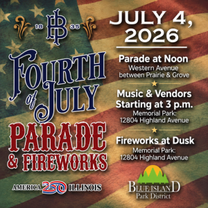 Fourth of July Parade and Fireworks event in Blue Island featuring parade route on Western Avenue, Memorial Park activities, and fireworks at dusk, July 4, 2026