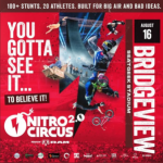 Promotional poster for Nitro Circus Live at SeatGeek Stadium in Bridgeview on August 16, featuring freestyle motocross, BMX, and extreme sports athletes performing high-flying stunts.