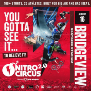 Promotional poster for Nitro Circus Live at SeatGeek Stadium in Bridgeview on August 16, featuring freestyle motocross, BMX, and extreme sports athletes performing high-flying stunts.