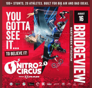 Promotional poster for Nitro Circus Live at SeatGeek Stadium in Bridgeview on August 16, featuring freestyle motocross, BMX, and extreme sports athletes performing high-flying stunts.