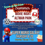 Flyer promoting Worth Park District's Screen on the Green Summer Movie Nights at Altman Park. Free outdoor movies will be shown on June 11, July 9, and August 13, 2026, from 7:00 p.m. to 10:00 p.m. at Altman Park in Worth, Illinois.