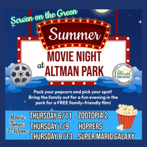 Flyer promoting Worth Park District's Screen on the Green Summer Movie Nights at Altman Park. Free outdoor movies will be shown on June 11, July 9, and August 13, 2026, from 7:00 p.m. to 10:00 p.m. at Altman Park in Worth, Illinois.