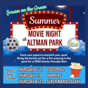 Flyer promoting Worth Park District's Screen on the Green Summer Movie Nights at Altman Park. Free outdoor movies will be shown on June 11, July 9, and August 13, 2026, from 7:00 p.m. to 10:00 p.m. at Altman Park in Worth, Illinois.