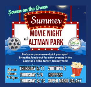 Flyer promoting Worth Park District's Screen on the Green Summer Movie Nights at Altman Park. Free outdoor movies will be shown on June 11, July 9, and August 13, 2026, from 7:00 p.m. to 10:00 p.m. at Altman Park in Worth, Illinois.