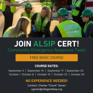 Flyer promoting the Alsip Community Emergency Response Team (CERT) Basic Course. Free training begins September 3, 2026, with weekly sessions through October 22. Participants will learn emergency preparedness and disaster response skills. Contact Charles "Chuck" Geraci for registration information.
