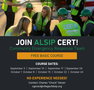 Flyer promoting the Alsip Community Emergency Response Team (CERT) Basic Course. Free training begins September 3, 2026, with weekly sessions through October 22. Participants will learn emergency preparedness and disaster response skills. Contact Charles "Chuck" Geraci for registration information.