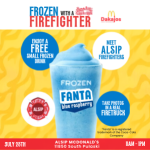 Flyer promoting Frozen with a Firefighter hosted by the Alsip Fire Department on Saturday, July 25, 2026, from 11:00 a.m. to 1:00 p.m. at McDonald's, 11850 South Pulaski Road in Alsip. The event includes a free small Frozen Fanta Blue Raspberry, opportunities to meet local firefighters, and photos inside a real fire truck.