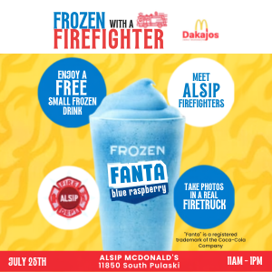 Flyer promoting Frozen with a Firefighter hosted by the Alsip Fire Department on Saturday, July 25, 2026, from 11:00 a.m. to 1:00 p.m. at McDonald's, 11850 South Pulaski Road in Alsip. The event includes a free small Frozen Fanta Blue Raspberry, opportunities to meet local firefighters, and photos inside a real fire truck.