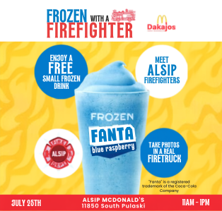 Flyer promoting Frozen with a Firefighter hosted by the Alsip Fire Department on Saturday, July 25, 2026, from 11:00 a.m. to 1:00 p.m. at McDonald's, 11850 South Pulaski Road in Alsip. The event includes a free small Frozen Fanta Blue Raspberry, opportunities to meet local firefighters, and photos inside a real fire truck.