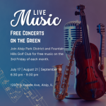 Flyer promoting the Alsip Park District's Free Concerts on the Green at Fountain Hills Golf Club. Free live music will be held on July 17, August 21, and September 18, 2026, from 6:30 p.m. to 9:30 p.m. at 12601 South Kedzie Avenue in Alsip.