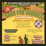 Bags for Buddies Cornhole Tournament flyer featuring tournament details, registration fees, prizes, lunch, drinks, music, and the August 1 event at 115 Bourbon Street in Merrionette Park.