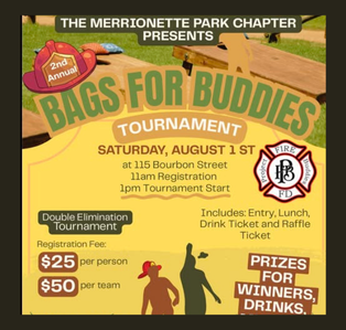 Bags for Buddies Cornhole Tournament flyer featuring tournament details, registration fees, prizes, lunch, drinks, music, and the August 1 event at 115 Bourbon Street in Merrionette Park.