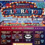 Flyer promoting the Village of Bridgeview Semiquincentennial Celebration at SeatGeek Stadium from July 2–5, 2026. The four-day event celebrates America's 250th Anniversary with free live music, carnival rides, food vendors, family entertainment, and free parking for eligible Bridgeview residents.