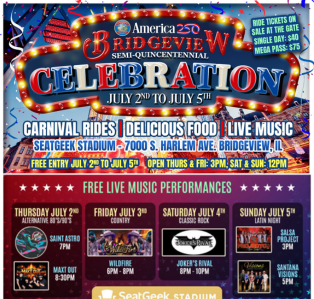 Flyer promoting the Village of Bridgeview Semiquincentennial Celebration at SeatGeek Stadium from July 2–5, 2026. The four-day event celebrates America's 250th Anniversary with free live music, carnival rides, food vendors, family entertainment, and free parking for eligible Bridgeview residents.