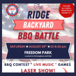 Flyer promoting The Ridge Backyard BBQ Battle at Freedom Park in Chicago Ridge on Saturday, August 29, from 12:00 p.m. to 8:30 p.m. The event features a BBQ competition, live music, games, a laser show, and encourages local chefs to register by August 1.