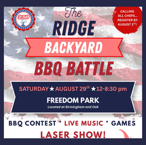 Flyer promoting The Ridge Backyard BBQ Battle at Freedom Park in Chicago Ridge on Saturday, August 29, from 12:00 p.m. to 8:30 p.m. The event features a BBQ competition, live music, games, a laser show, and encourages local chefs to register by August 1.