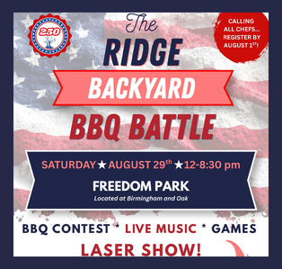 Flyer promoting The Ridge Backyard BBQ Battle at Freedom Park in Chicago Ridge on Saturday, August 29, from 12:00 p.m. to 8:30 p.m. The event features a BBQ competition, live music, games, a laser show, and encourages local chefs to register by August 1.