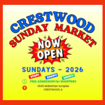 Flyer promoting the Crestwood Sunday Market, held on Sundays in 2026 at 4545 Midlothian Turnpike in Crestwood. The market offers free admission for shoppers.