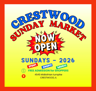 Flyer promoting the Crestwood Sunday Market, held on Sundays in 2026 at 4545 Midlothian Turnpike in Crestwood. The market offers free admission for shoppers.