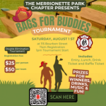 Bags for Buddies Cornhole Tournament flyer featuring tournament details, registration fees, prizes, lunch, drinks, music, and the August 1 event at 115 Bourbon Street in Merrionette Park.