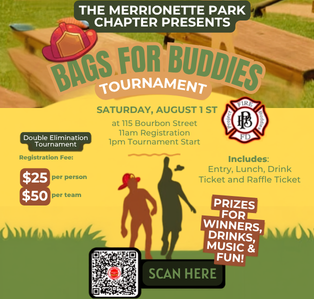 Bags for Buddies Cornhole Tournament flyer featuring tournament details, registration fees, prizes, lunch, drinks, music, and the August 1 event at 115 Bourbon Street in Merrionette Park.